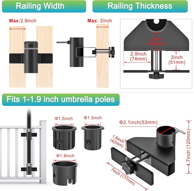 Dolibest Patio Umbrella Holder, Adjustable Deck Umbrella Holder & 3 Plastic Sleeves (Fits 1''-1.9" Poles), Space Saver Design, Patio Umbrella Clamp Deck Umbrella Mount for Balcony, Patio Railing-1 Set
