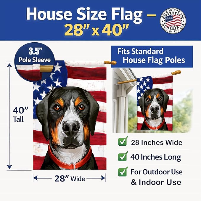 Caroline's Treasures CK6548CHF Greater Swiss Mountain Dog American Flag House Flag Large Porch Sleeve Pole Decorative Outside Yard Banner Artwork Wall Hanging, Polyester, House Size, Multicolor