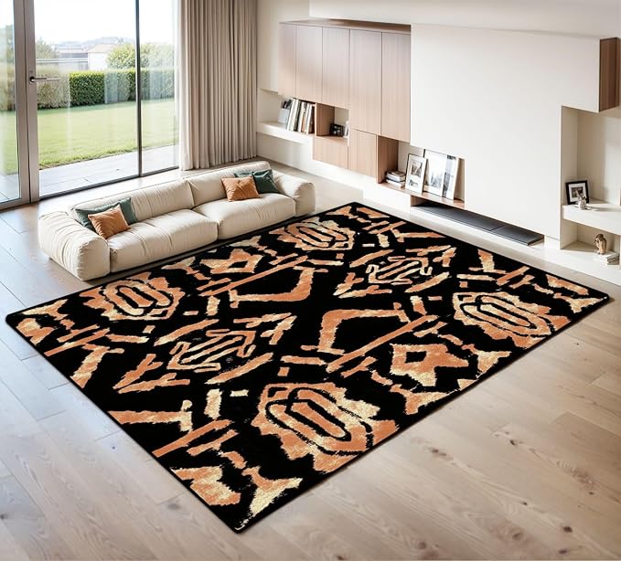 9x12 Area Rugs for Living Room Ethnic African Print Boho Chocolate Abstract Brown Artwork Handmade Washable Large Area Rug for Bedroom Non Slip Outdoor Carpets Soft Mats Kitchen Home Office Decor