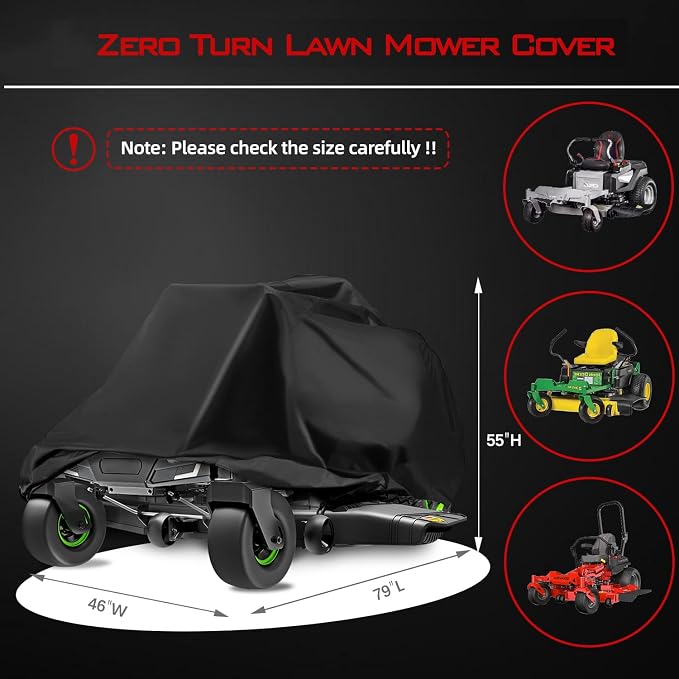 Lawn Mower Cover, Heavy Duty 600D Oxford, Waterproof Outdoor, Weather Resistant, Rip-Proof, Anti-UV, Raing-proof, Sun Block, Heatresistant with 1 Windproof Strap, 1 Storage Bag (Zero-Turn)