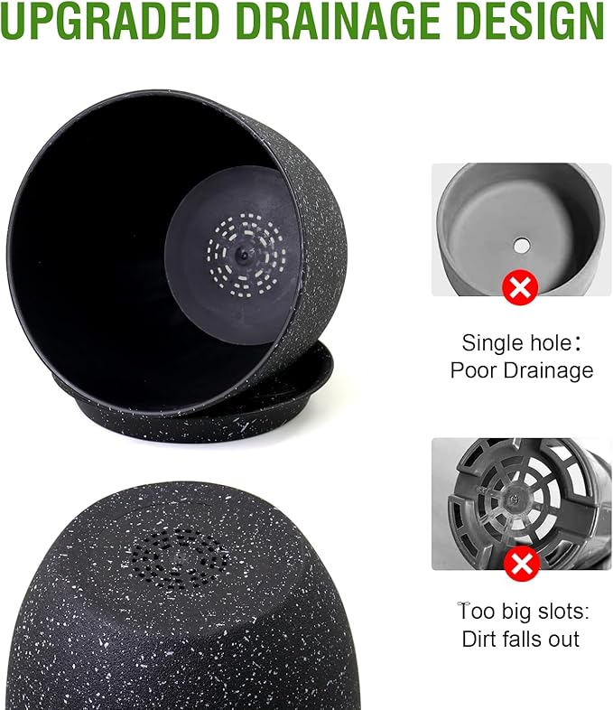 WSMKSZ 9/8/7.5 inch Plant Pots, Set of 3 Modern Decorative Plastic Planters with Drainage Holes and Saucer for Garden House Plants, Flower Pots for Indoor Outdoor Plants, Speckled Black