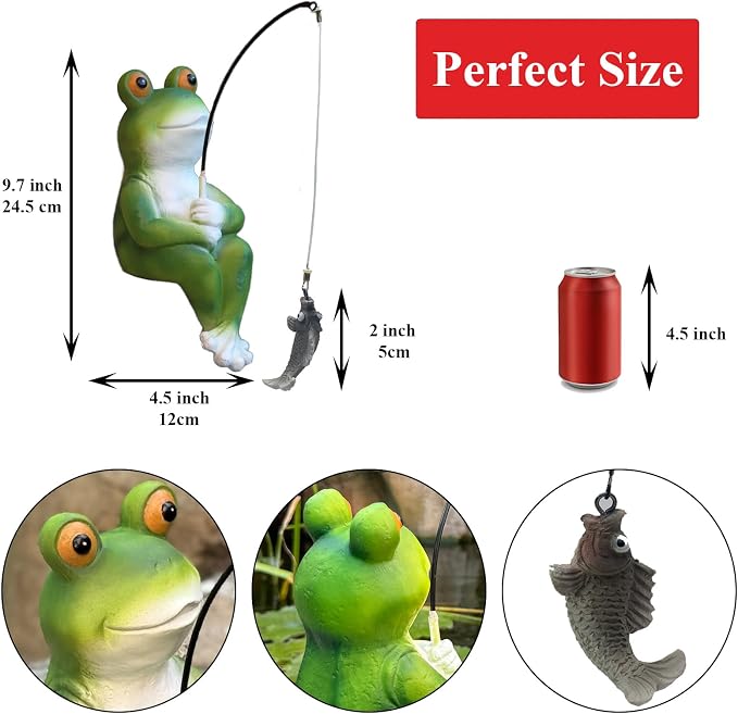 Frog Decoration for Yard Outdoor Garden Decor 9.7 Inch Tall Fishing Frog Statue for Koi Pond, Waterfalls or Poolside Ornaments, Fisher Animals Pond Decor, Gift for Mom & Women