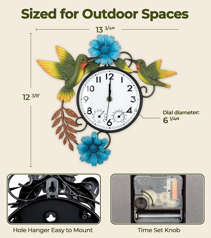 Outdoor Clock with Thermometer and Hygrometer Combo | Silent Non-Ticking Outside Clocks for Patio Waterproof, Metal Decorative Wall Clock for Living Room, Blue Daisy & Hummingbird