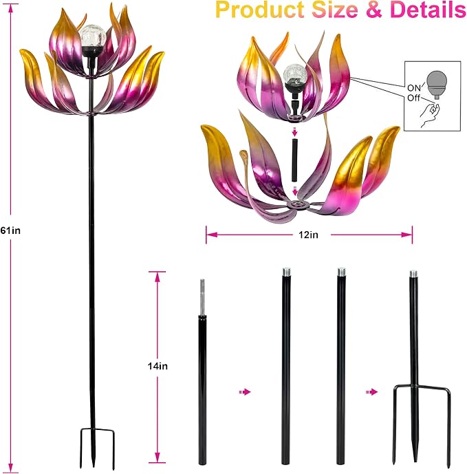 Solar Wind Spinners Outdoor for Yard and Garden, 61'' Lotus Kinetic Wind Sculptures with Color Changing LED Crackle Glass Globe, Metal Yard Art Decor for Patio Lawn, Garden Gifts for Women/Mother