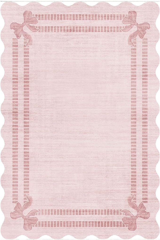 Latte&Fog 8x10 Area Rugs for Living Room Washeble Cute Scalloped Pink Rug | for Girls Bedroom Dining Kitchen Kids Playroom Nursery Classroom Dorm Farmhouse Office, Non Slip Low Pile Soft Floral Carpet