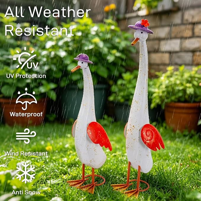 22" Duck Garden Statue Set of 2 Metal Ducks | Outdoor Yard Art Porch Animal Figurine Lawn Ornament Rustproof Yard Sculptures for Outside Patio Backyard Decorations