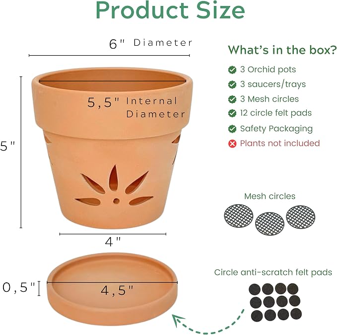 Handmade 3 Pack 6 inch Terracotta Orchid Pots with Holes and Saucers, Clay Orchid Planter Pots for Repotting, Small Terra Cotta Vase, Ceramic Plant Flower Pot Indoor Outdoor