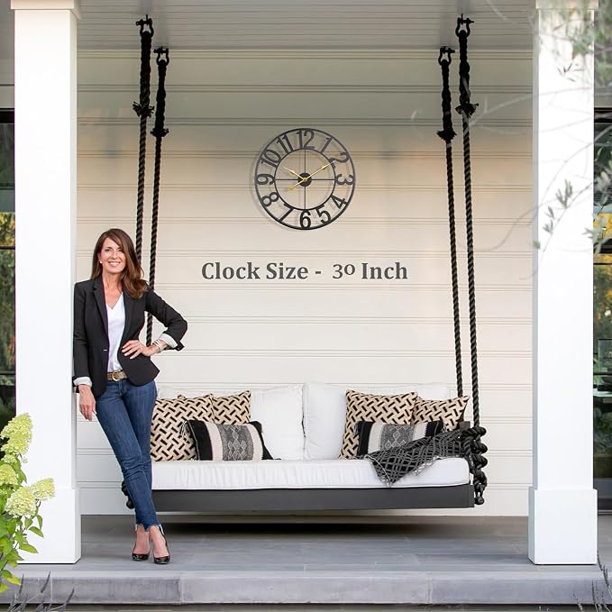 Large Outdoor Clock, 30 Inch Battery Operated Waterproof Outdoor Clock for Patio, Pool Area, Garden, Deck, Modern Black Metal Decorative Wall Clock for Farmhouse Living Room, Kitchen