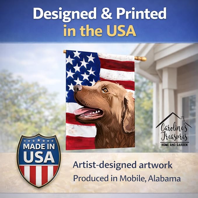 Caroline's Treasures CK6486CHF Chesapeake Bay Retriever American Flag House Flag Large Porch Sleeve Pole Decorative Outside Yard Banner Artwork Wall Hanging, Polyester, House Size, Multicolor