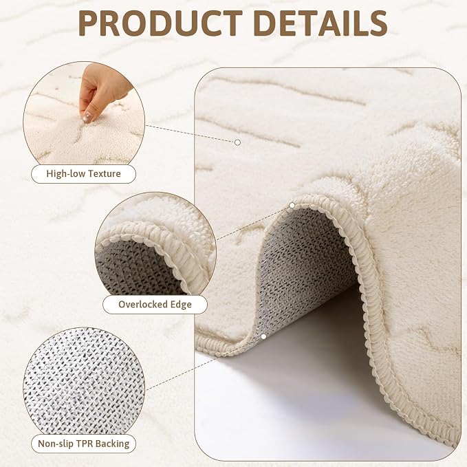 Yamaziot Washable 9x12 Area Rugs for Living Room Textured Non Slip, Beige | Modern High-Low Geometric Pattern, Soft Fluffy, Neutral, Minimalist Floor Carpet for Bedroom Dining Room Nursery Kids Room