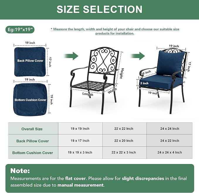Summsun Outdoor Chair Cushions, Faux Linen Backrest and Deep Seat Cushion Set for Patio Furniture with Weather Resistant Removable Cover, Ties, Non-Slip Bottom, 22 x 22 Inch, Navy