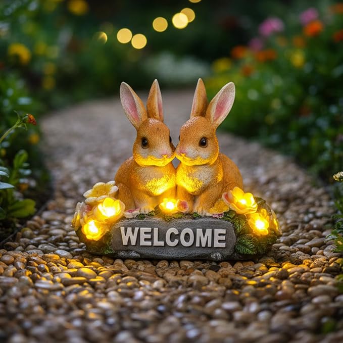 Solar Rabbit Garden Statue 5.9" Resin Bunny Statue with Welcome Sign Rabbit Figurines Light Decorations for Patio Yard Lawn Ornaments Easter Housewarming Birthday Gifts for Women Mom Grandma Wife