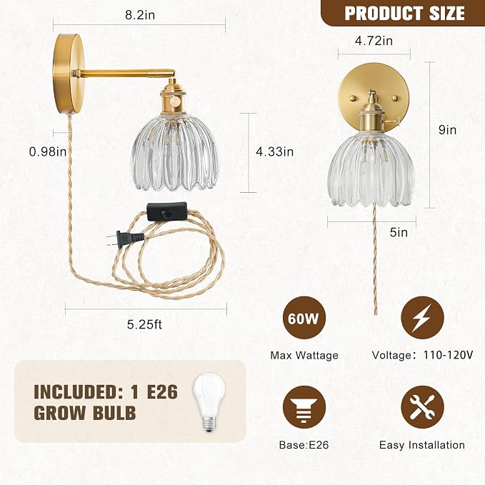 Wall Mounted Grow Lights for Indoor Plants with Vintage Tulip Glass Shade, Switch and Power Cord, Decorative Hanging Plants Light for Growing