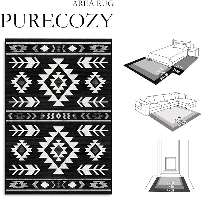 8x10 Area Rug for Living Room Western Rug Southwestern Aztec Tribal Rugs Southwest Navajo Machine Washable Non-Slip Printed Low-Pile Floor Carpet for Bedroom Dining Room Office, Black