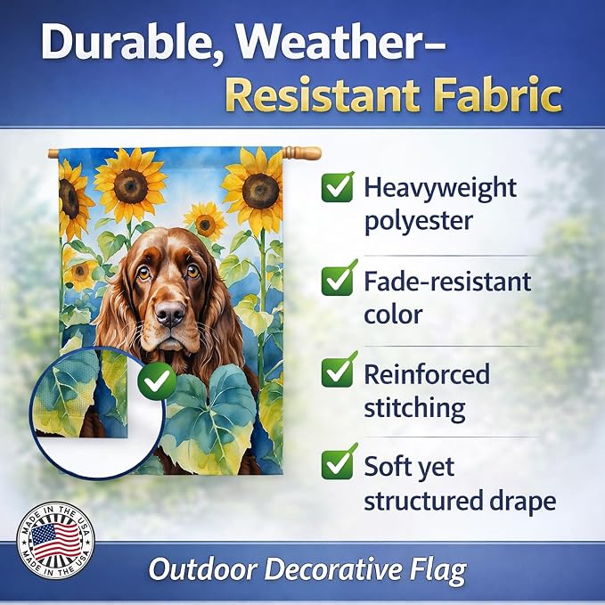 Caroline's Treasures DAC6073CHF English Cocker Spaniel in Sunflowers House Flag Large Porch Sleeve Pole Decorative Outside Yard Banner Artwork Wall Hanging, Polyester, House Size, Multicolor
