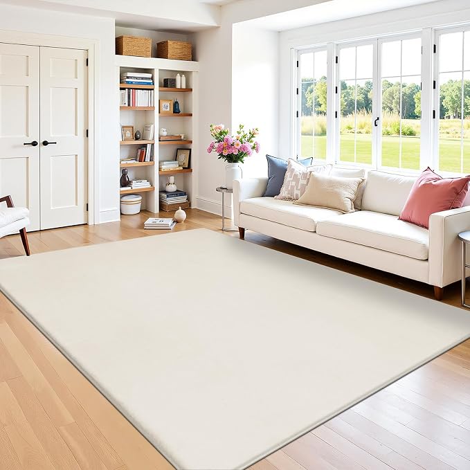 SHACOS 5x7 Ultra Soft Faux Rabbit Fur Area Rug, Non Slip Machine Washable Living Room Rugs, Fluffy Cozy Indoor Modern Carpet for Bedroom Dining Room Table Kids Room Dorm Floor Mats, Cream