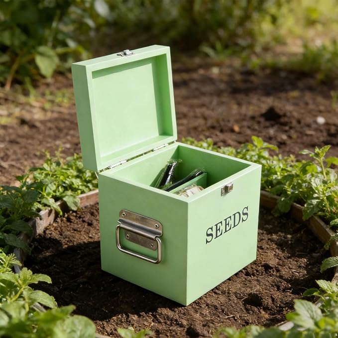 Wooden Seed Storage Organizer with 2 Dividers, Seed Saving Box with Lid and Handle, 50 Envelopes, 20 Plant Labels and 2 Pens for Garden Seeds