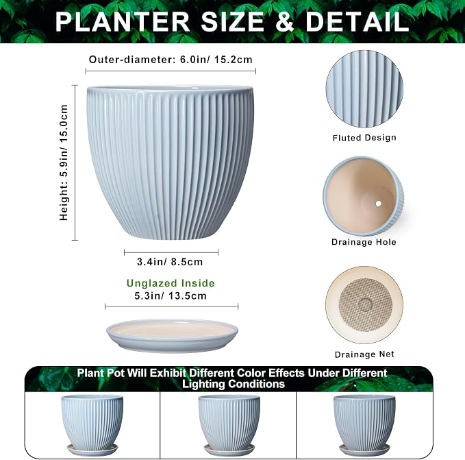 Ceramic Flower Pots, 6 Inch Plant Pot for Indoor Plants, Modern Ceramic Planter with Drainage Hole and Saucer, Small Orchid Pots, Home Decor, Gifts for Plant Lovers Women Men, Light Blue