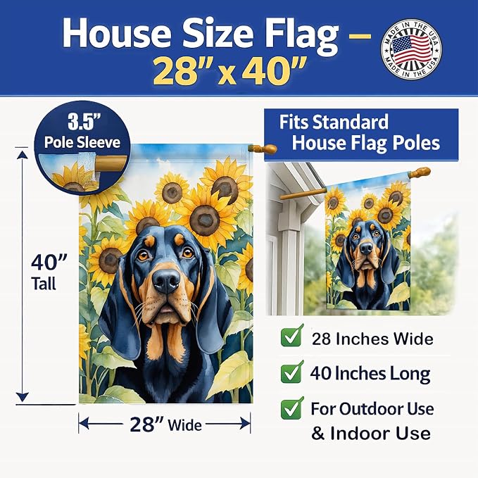 Caroline's Treasures DAC6028CHF Black and Tan Coonhound in Sunflowers House Flag Large Porch Sleeve Pole Decorative Outside Yard Banner Artwork Wall Hanging, Polyester, House Size, Multicolor