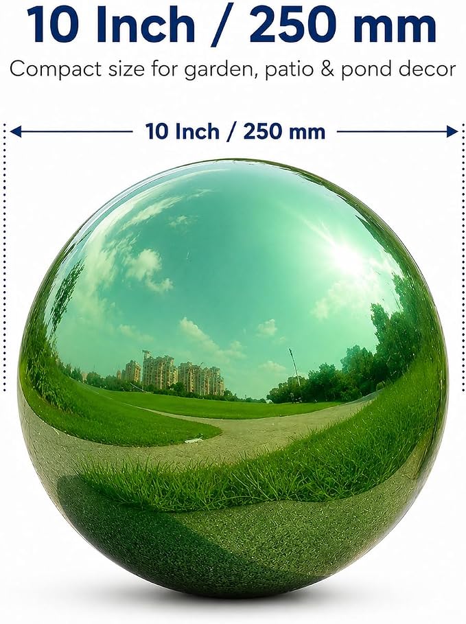 Gazing Ball Garden Mirror Outdoor - 10 Inch Outside Decorative Globe, Green | Metal Polished Reflective Sphere, Stainless Steel Hollow Decoration Ornament for Home Pond Swimming Pool Housewarming Gift