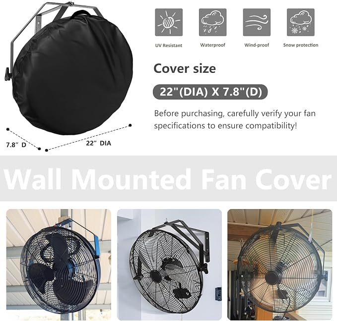 Bitubi Wall Mount Fan Cover, 18-20 Inch Waterproof Outdoor Wall Mounted Fan Cover, Heavy Duty 600D Oxford Dustproof Protective Fan Covers (Black)