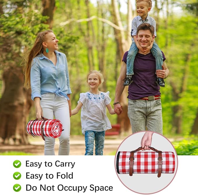 Extra Large Picnic Blanket, 80"x60" Waterproof Sandproof Beach Mat, Soft Foldable Outdoor Camping Mat with PU Carrier, Red White Plaid Portable Mat for Lawn, Grass, Travel & Park