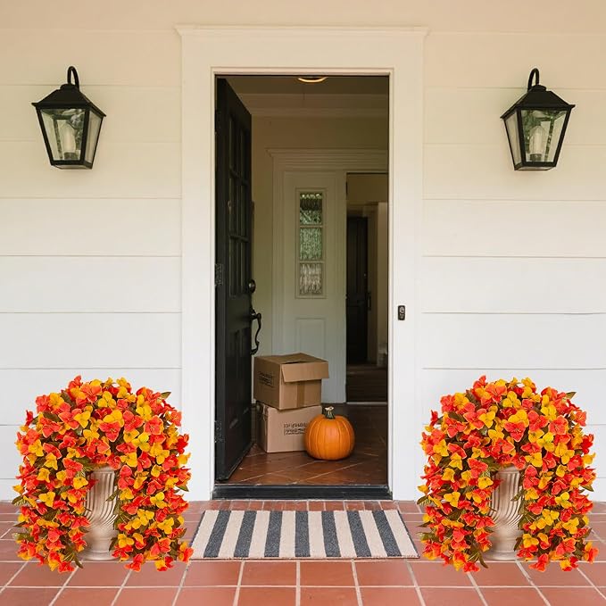 INXUGAO 2 pcs Artificial Faux Bougainvillea Fall Flowers Plants for Outdoor Outside Decoration, Fake Silk UV Resistant Long Trailing Vines for Front Door Porch Planter Balcony Decor