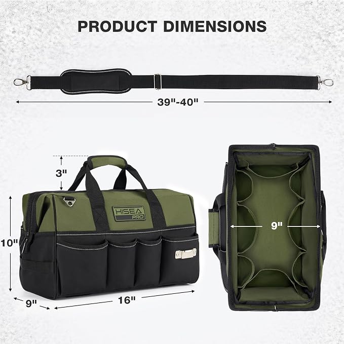 HISEA Heavy Duty Tool Bag 20 Pockets, 16-Inch Portable Tool Box Organizer, 600D Waterproof Wide Mouth Large Storage Toolbag for Electrician, Tradesman with Adjustable Shoulder Strap