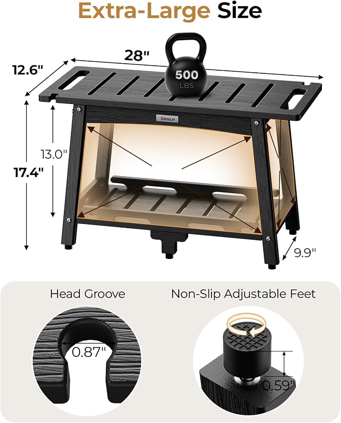 28" Extra Large Shower Bench, HDPE Waterproof Shower Chairs Seat, Adjustable and Non-Slip Feet, Shower Stool for Inside Shower to Sit On, Indoor/Outdoor Use, As Porch Bench, Garden Entryway, Black