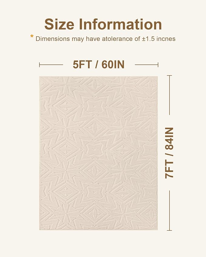 Carvapet 5x7 Area Rug Beige Geometric Washable High Low Pile Carpet | Soft plush washable carpet with high low pile texture and non slip backing for living rooms, bedrooms and family spaces