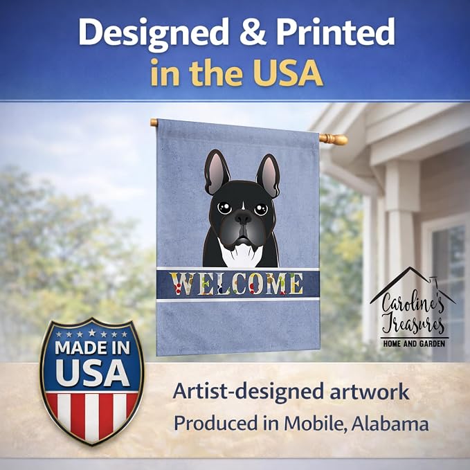 Caroline's Treasures BB1413CHF French Bulldog Welcome House Flag, Blue Large Porch Sleeve Pole Decorative Outside Yard Banner Artwork Wall Hanging, Polyester, House Size, Multicolor