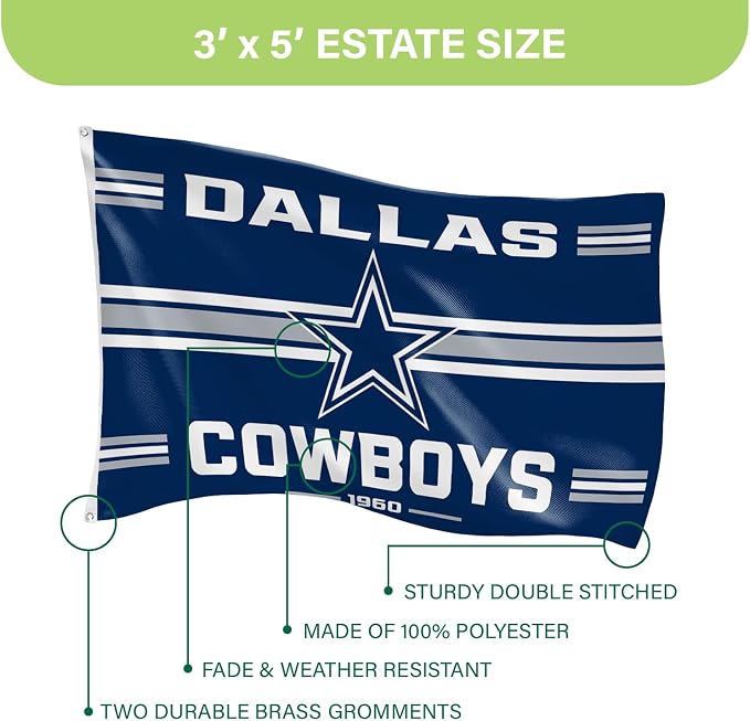 NFL Dallas Cowboys Vintage Flag | 3 x 5 Estate Flag with Grommets | Heavy Duty Banner for Outdoor Garden Patio Decoration | Indoor Wall Decor for Room | Works with Flagpoles for Outside House (Dallas Cowboys-Vintage)