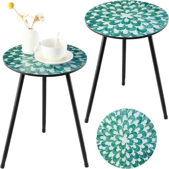 2 Pack Metal Mosaic Round Side Tables 13.4" Small Outdoor Patio Round Accent Coffee Tables Indoor Corner Stand for Small Spaces Weather-Resistant for Balcony Plant Stands Indoor, Green Floral Mandala