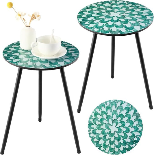 2 Pack Metal Mosaic Round Side Tables 13.4" Small Outdoor Patio Round Accent Coffee Tables Indoor Corner Stand for Small Spaces Weather-Resistant for Balcony Plant Stands Indoor, Green Floral Mandala