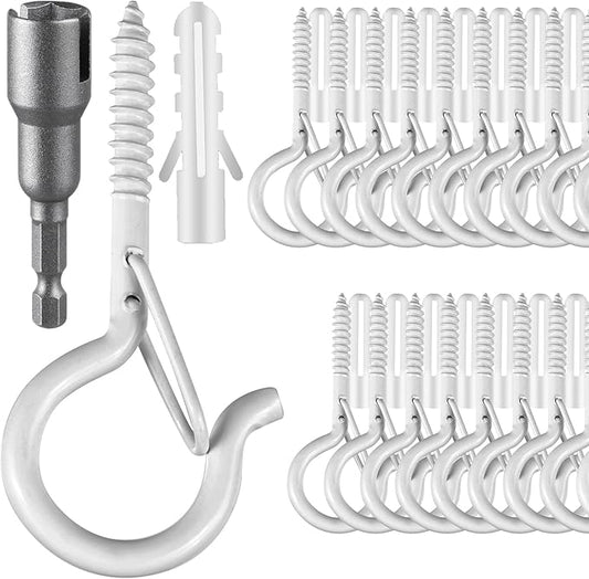 50 Pcs Screw-in Hooks for Outdoor String Lights, Q Hangers Hooks for Outside, Swivel Hanging Basket Patio Hooks with Safe Buckle, Screw in Plant Eye Hook for Wall Ceiling with 1 Wing Nut Driver, White