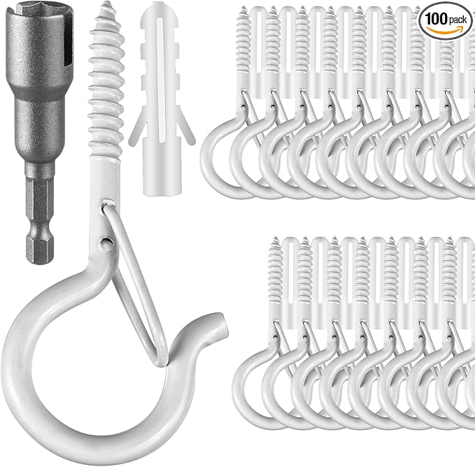 100 Pcs Screw-in Hooks for Outdoor String Lights, Q Hangers Hooks for Outside, Swivel Hanging Basket Patio Hook with Safe Buckle, Screw in Plant Eye Hook for Wall Ceiling with 1 Wing Nut Driver, White