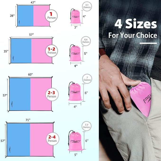 Frelaxy Pocket Picnic Blanket, Waterproof Sandproof Beach Mat, Compact Camping Tarp for Festivals, Hiking, Travel, Outdoor Recreation (Pink & Blue, 57'' x 71'')