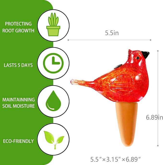 Plant Watering Globes, Bird Glass Self Watering Planter Insert - for Indoor & Outdoor Plants - Glass Plant Water Globes for Daily Use, Planter Spikes to Support Indoor & Outdoor Plant Health, Red