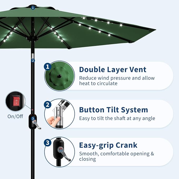 Patio Umbrella with Solar Lights, Outdoor Table Umbrella with 8 Durable Ribs, Tilt & Crank Mechanism, Water & UV Protection Sun Shade Umbrella for Garden, Poolside, Backyard (Dark Green, 10 FT)