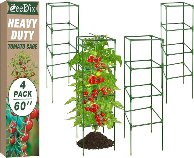 ZeeDix Tomato Cages with Bird Netting Set - 4 Pack 60 Inches Heavy Duty Tomato Cages + 4 Pack 57 Inches Garden Mesh Barrier for Tomatoes Climbing Vegetables Flowers