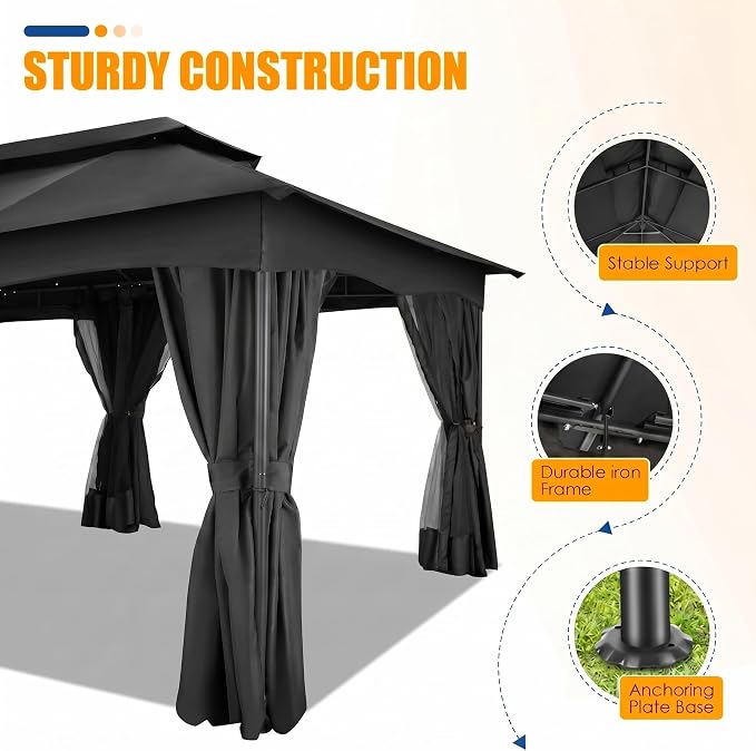 COBIZI Gazebo 12x20 FT Outdoor Gazebo on Clearance with Double Ventilated Arc Roof, Privacy Curtains & Mosquito Netting, Easy Set up Canopy Tent with Stable Metal Frame for Patio Black