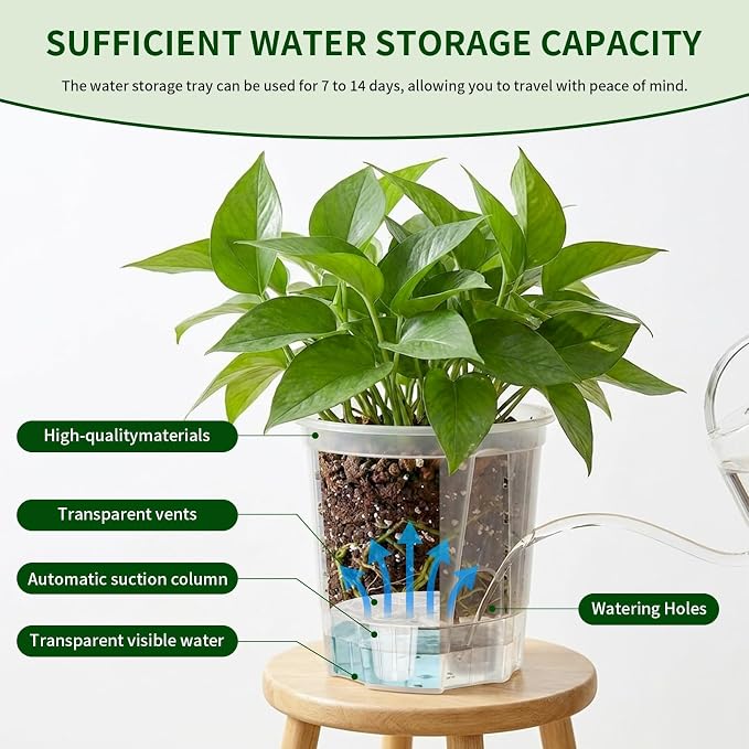 Cdd's Path Self Watering Pots Set with Deep Water Tank, Large Drainage Holes, Reservoir & Air Pipes, 5/6/7/8 Inch Naked Root Planter for Indoor Outdoor Plants, Flowers, Seedlings, Clear, 4 Pack