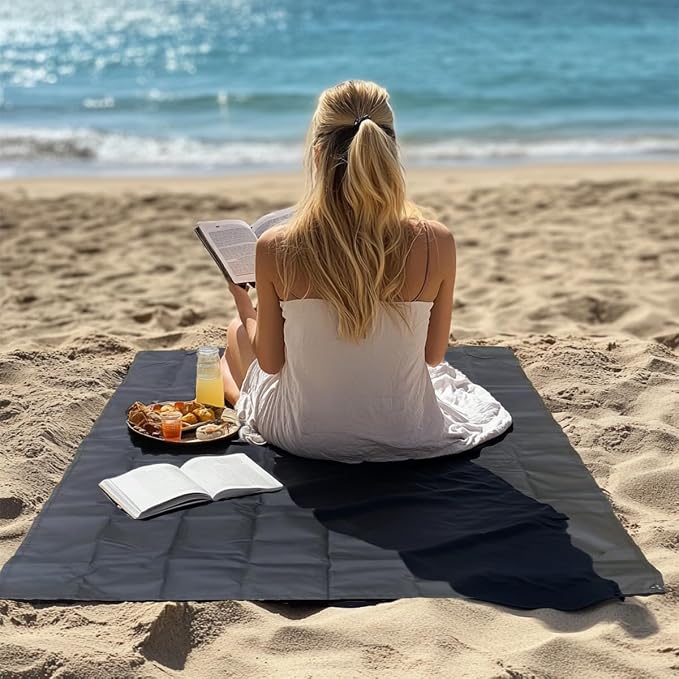 Outdoor Pocket Blanket, 55"x39" Waterproof Foldable Compact Small Picnic Blanket, Ultralight Tarp for Camping, Festival, Beach, Hiking, Backpacking, Travel, Stakes Included (Black)