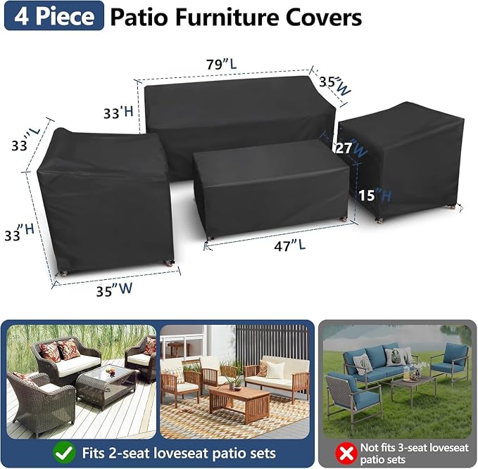 STARTWO Outdoor Furniture Cover Waterproof, 600D Heavy Duty, 4 Piece Patio Furniture Set Cover for Outside Couch, Lawn Chairs, Coffee Table, Windproof with Buckle Strap, Black