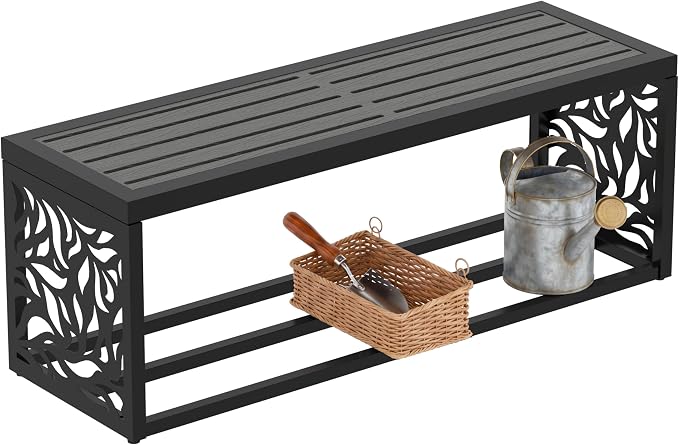 47" Outdoor Garden Bench with Storage Shelf, Modern Black Entryway Bench, Wood-Grain HDPE Seat, Galvanized Steel Frame with Powder Coating for Porch, Yard, Patio, Willow Leaf