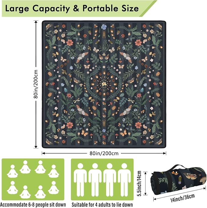 Mushroom Picnic Blankets Waterproof Foldable, 80″X80″ Extra Large Picnic Mat Insect Outdoor Blanket for Grass, Packable Beach Blanket Sandproof Picnic Accessories for Camping Music Festival Park Lawn