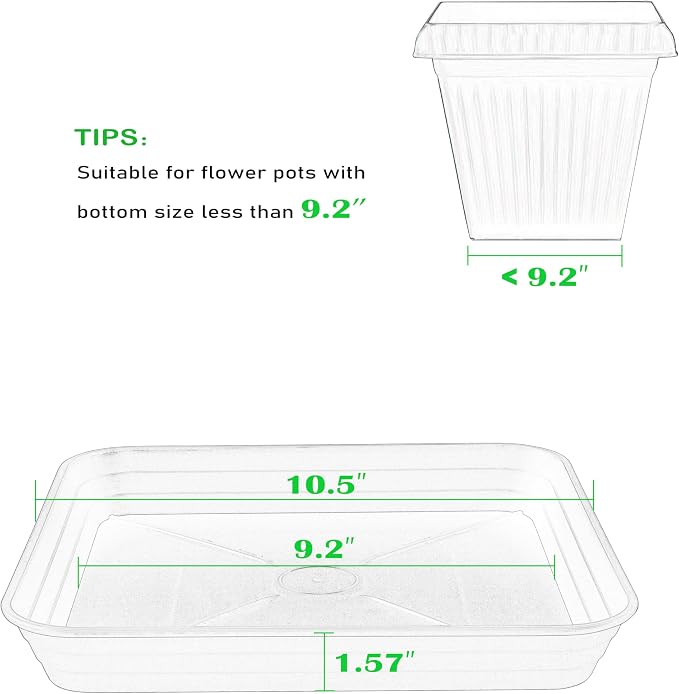 2 Pack Square Plant Saucer Tray 10 inch, 6 8 10 12 14 16 18 20 inch Heavy Duty Plastic Square Plant Saucers for Indoors Outdoor, Flower Planter Drip Trays for Pots, Seed Starting Tray