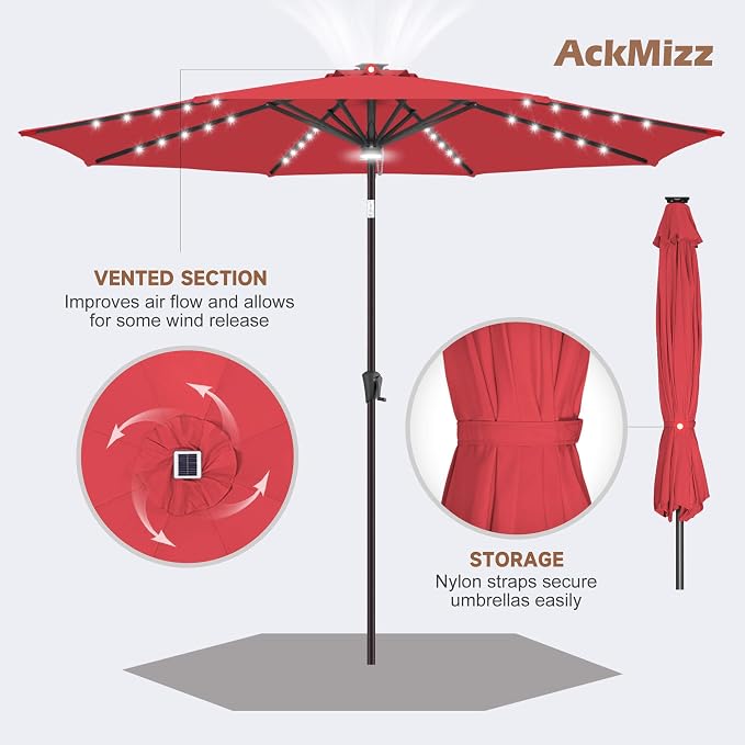 10ft Solar Umbrella Outdoor - Lighted Solar Patio Umbrella with 40 LED Lights Waterproof UV Protection, Table Umbrella with Tilt for Pool, Porch, Garden, Deck, Backyard (Red)