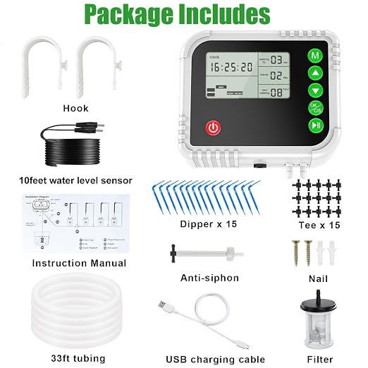 Lewisia Automatic Drip Irrigation System, Indoor Self Watering Kit with LCD Timer Display for 15 Potted Plants Water Shortage Protection, USB Rechargeable, DIY Plant Waterer