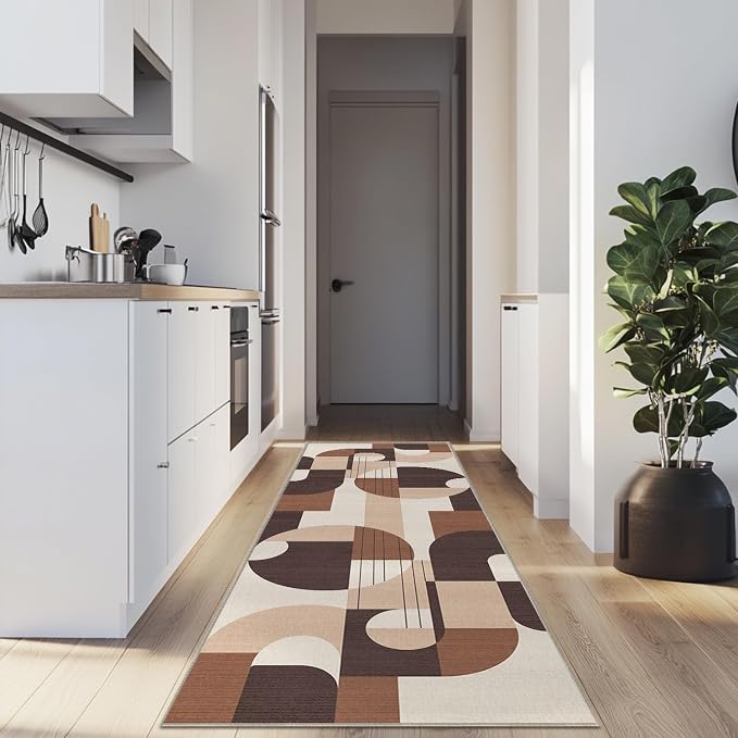 2x6 Brown Geometric Runner Rug for Kitchen Entryway Hallway Modern Abstract Area Rug Machine Washable Non-Slip Carpet for Bedroom Bathroom Bedside